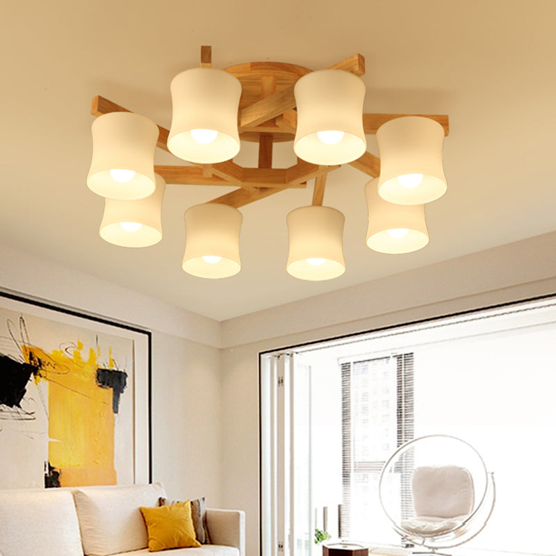 Japanese Semi Flush Mount Chandelier with White Glass Shade and Wooden Canopy