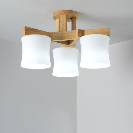 Japanese Semi Flush Mount Chandelier with White Glass Shade and Wooden Canopy