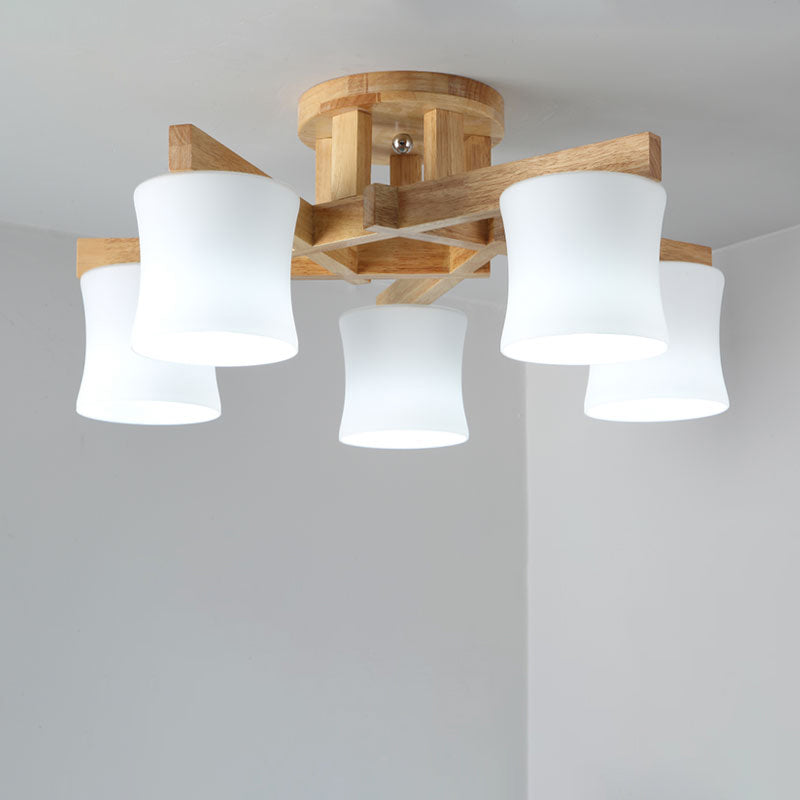 Japanese Semi Flush Mount Chandelier with White Glass Shade and Wooden Canopy