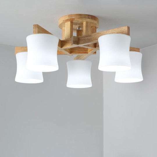 Japanese Semi Flush Mount Chandelier with White Glass Shade and Wooden Canopy