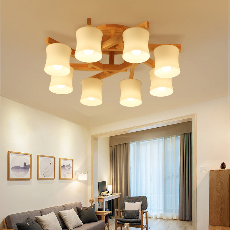 Japanese Semi Flush Mount Chandelier with White Glass Shade and Wooden Canopy