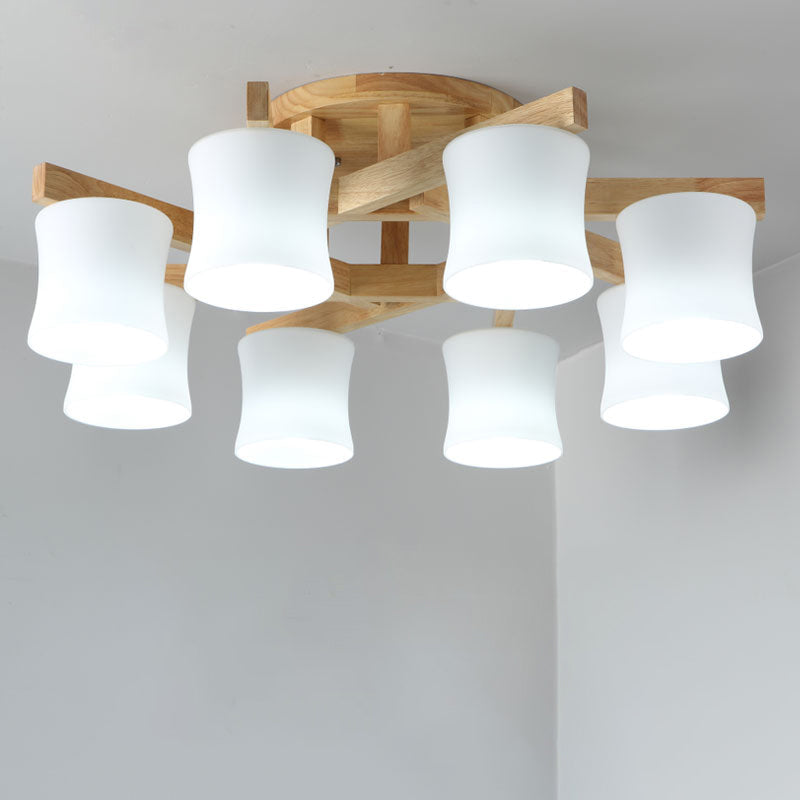 Japanese Semi Flush Mount Chandelier with White Glass Shade and Wooden Canopy