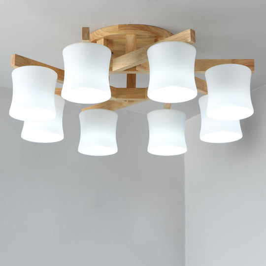 Japanese Semi Flush Mount Chandelier with White Glass Shade and Wooden Canopy