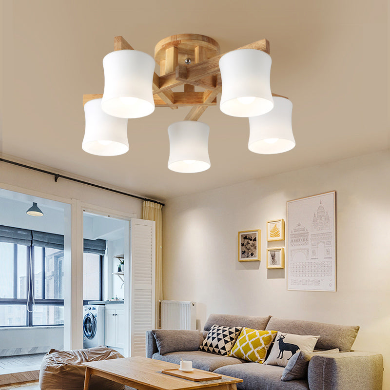 Japanese Semi Flush Mount Chandelier with White Glass Shade and Wooden Canopy