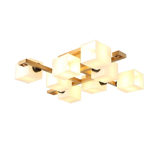 Nordic Style Flush Mount Chandelier with White Glass and Wood Canopy for Living Room Lighting