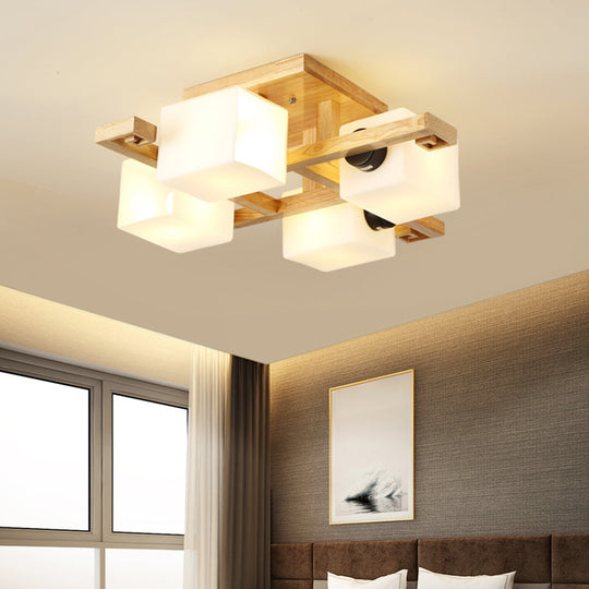 Nordic Style Flush Mount Chandelier with White Glass and Wood Canopy for Living Room Lighting