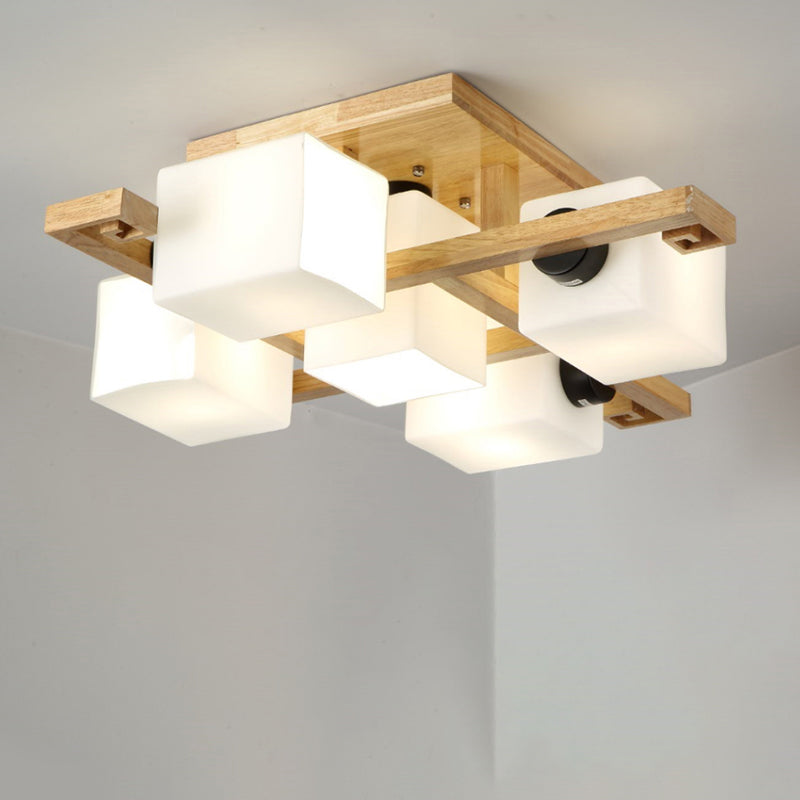 Nordic Style Flush Mount Chandelier with White Glass and Wood Canopy for Living Room Lighting