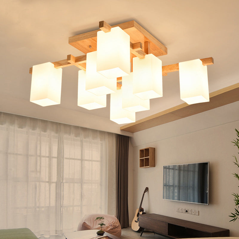 Modern Wood Living Room Semi Flush Mount Chandelier with White Glass Shade - Square Design