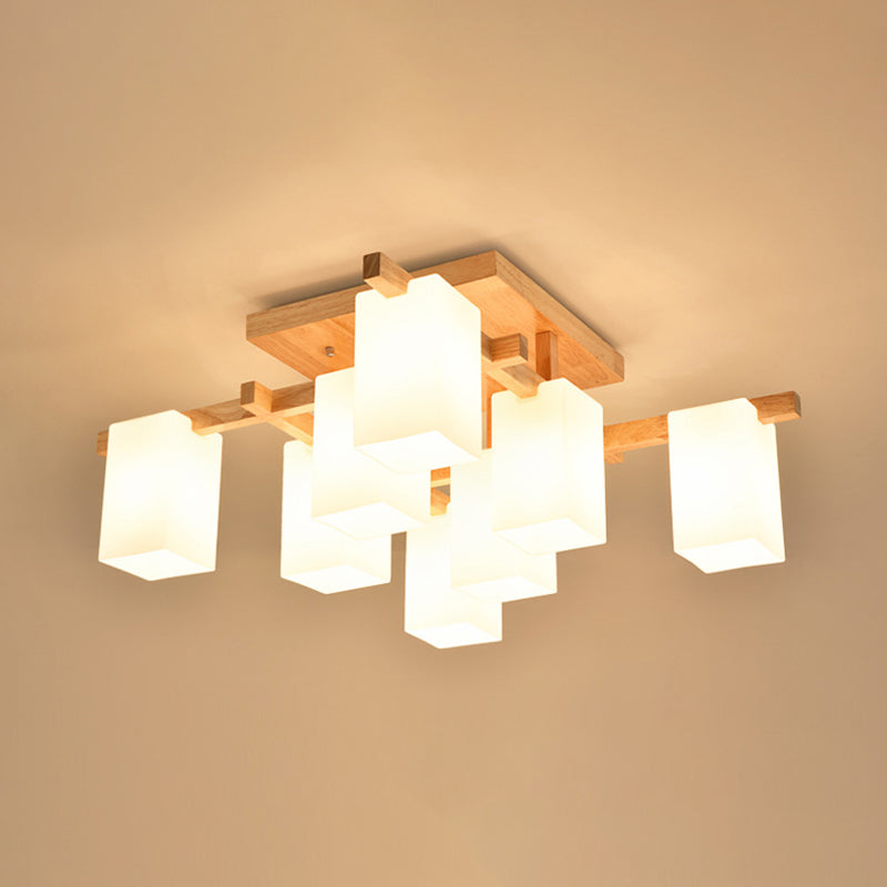 Modern Wood Living Room Semi Flush Mount Chandelier with White Glass Shade - Square Design