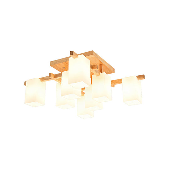 Modern Wood Semi-Flush Ceiling Light With Square Design And Rectangle White Glass Shade