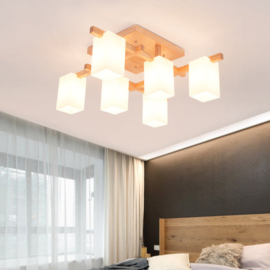 Modern Wood Semi-Flush Ceiling Light With Square Design And Rectangle White Glass Shade 6 /