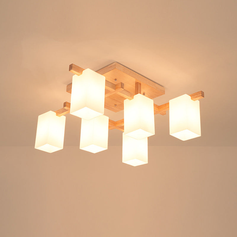 Modern Wood Living Room Semi Flush Mount Chandelier with White Glass Shade - Square Design