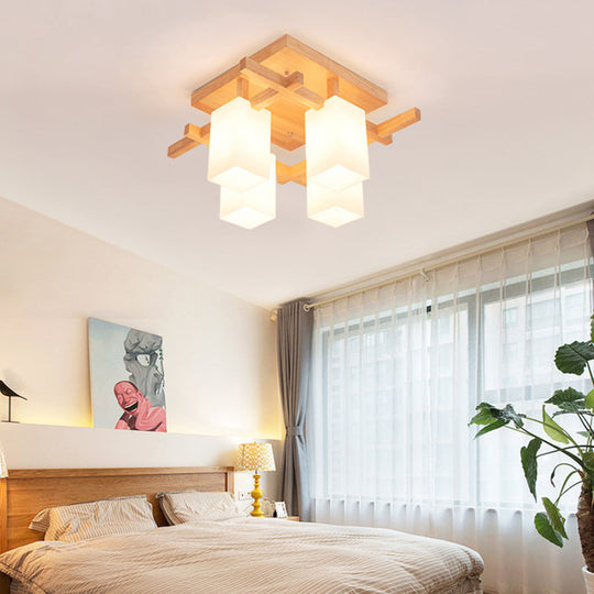 Modern Wood Living Room Semi Flush Mount Chandelier with White Glass Shade - Square Design