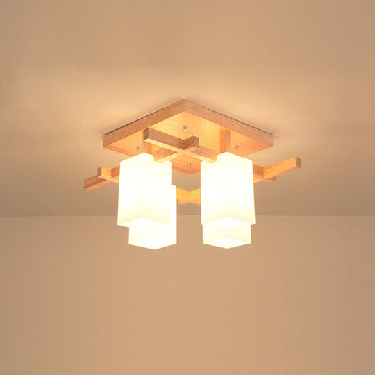 Modern Wood Semi-Flush Ceiling Light With Square Design And Rectangle White Glass Shade