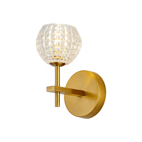 Modern Gold Orb Wall Sconce With Clear Grid Glass And Clean-Lined Arm For Hallway