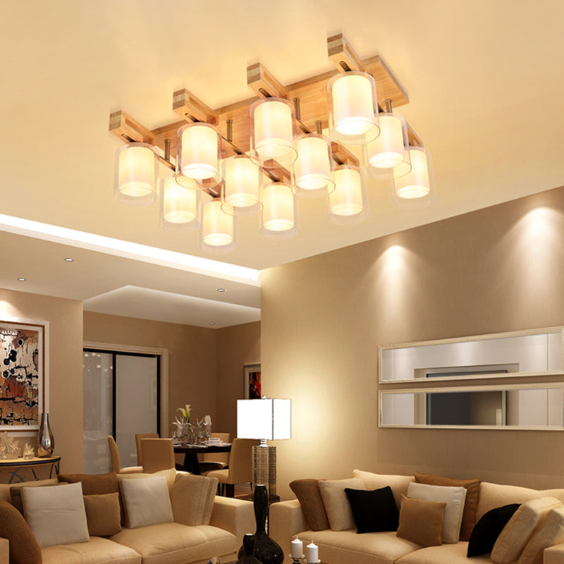 Wooden Double-Layer Glass Flush Mount Chandelier For Living Room Ceiling - Simplicity In Design 12 /