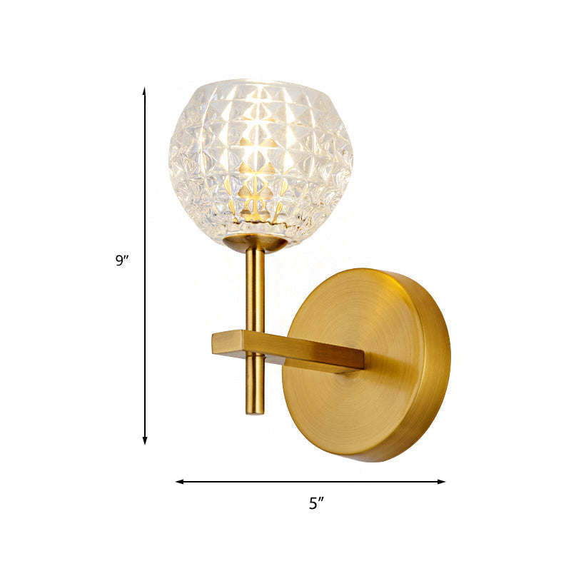 Modern Gold Orb Wall Sconce With Clear Grid Glass And Clean-Lined Arm For Hallway