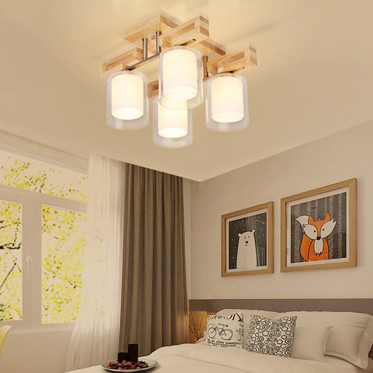 Wooden Double-Layer Glass Flush Mount Chandelier for Living Room Ceiling - Simplicity in Design