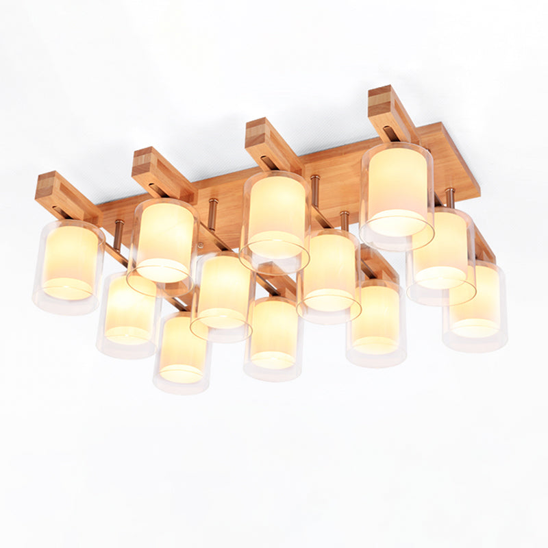 Wooden Double-Layer Glass Flush Mount Chandelier for Living Room Ceiling - Simplicity in Design