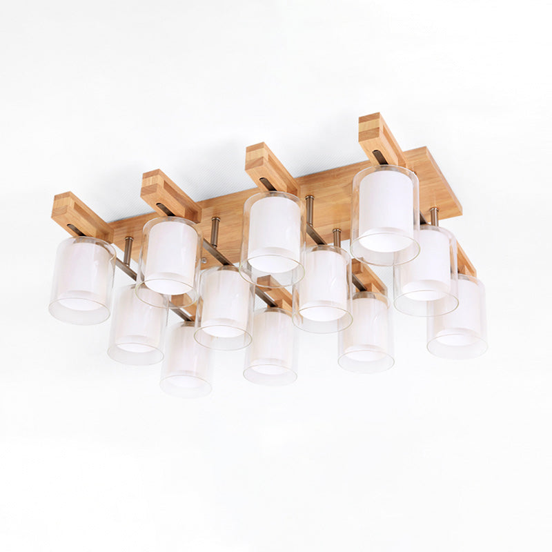 Wooden Double-Layer Glass Flush Mount Chandelier for Living Room Ceiling - Simplicity in Design