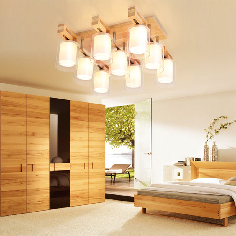 Wooden Double-Layer Glass Flush Mount Chandelier for Living Room Ceiling - Simplicity in Design