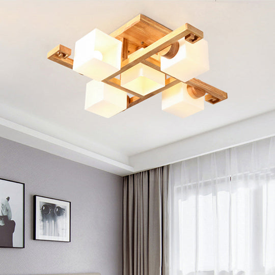 Nordic White Glass Cube Semi Flush Mount Ceiling Light With Wooden Canopy 5 /