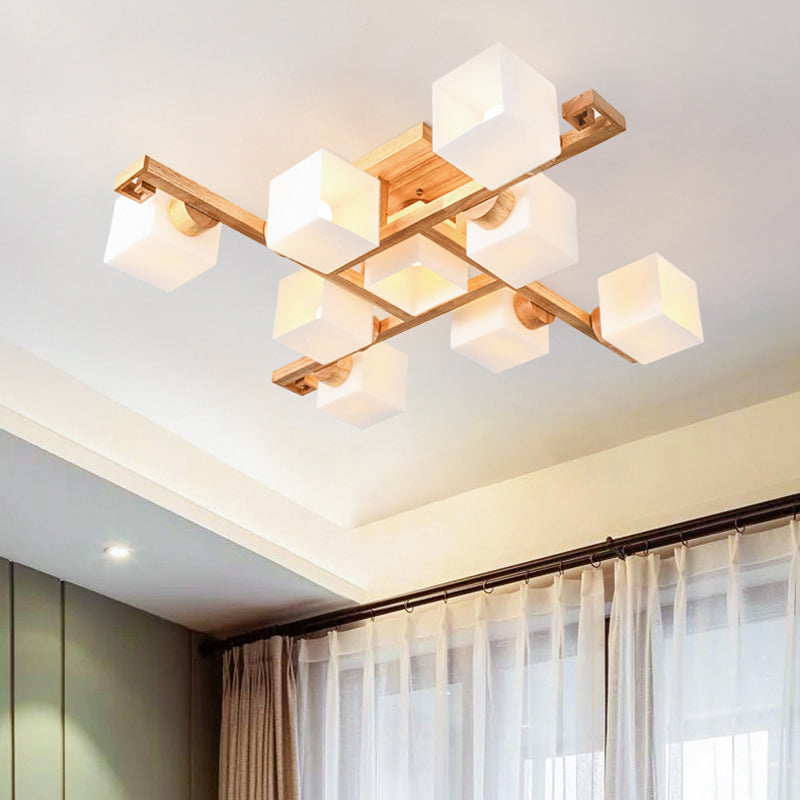 Nordic White Glass Cube Semi Flush Mount Ceiling Light With Wooden Canopy 9 /