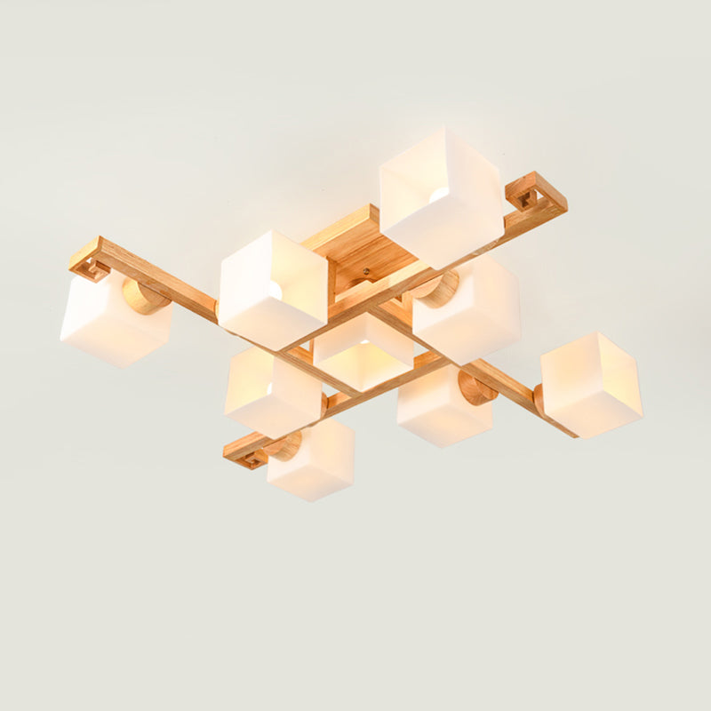 Nordic White Glass Cube Semi Flush Mount Ceiling Light With Wooden Canopy