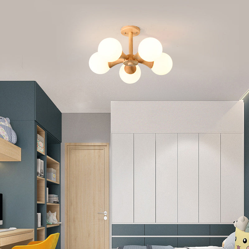 White Glass Flush Mount Chandelier with Nordic Style Ball, Wood Canopy - Perfect for Bedrooms