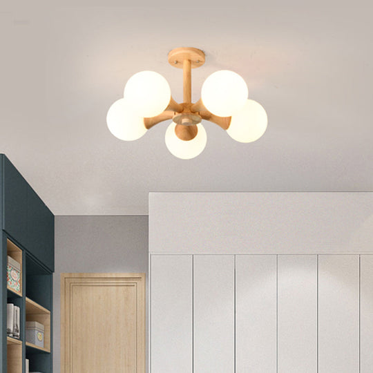 White Glass Flush Mount Chandelier with Nordic Style Ball, Wood Canopy - Perfect for Bedrooms