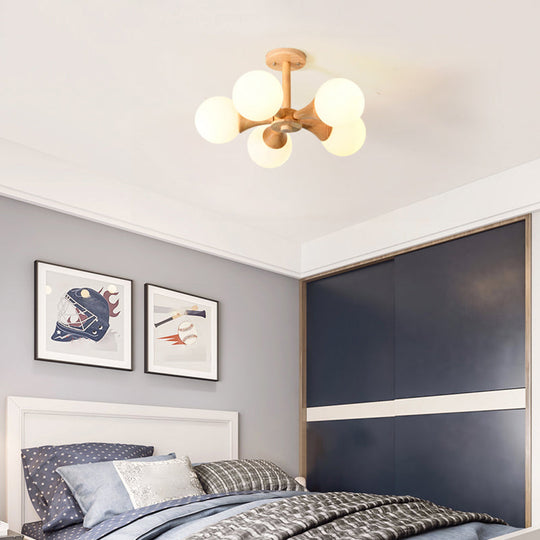 White Glass Flush Mount Chandelier with Nordic Style Ball, Wood Canopy - Perfect for Bedrooms