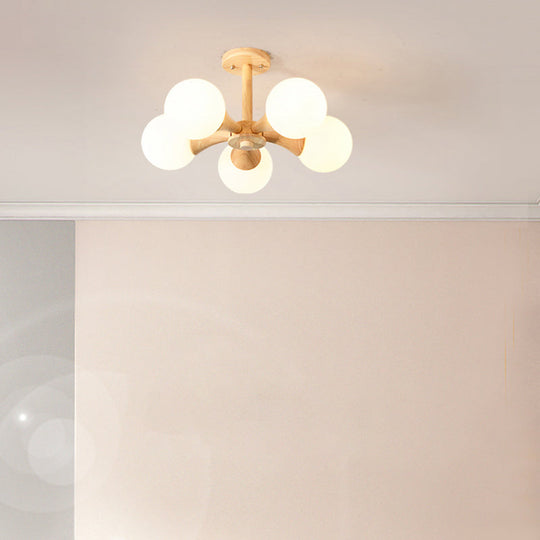 White Glass Flush Mount Chandelier with Nordic Style Ball, Wood Canopy - Perfect for Bedrooms