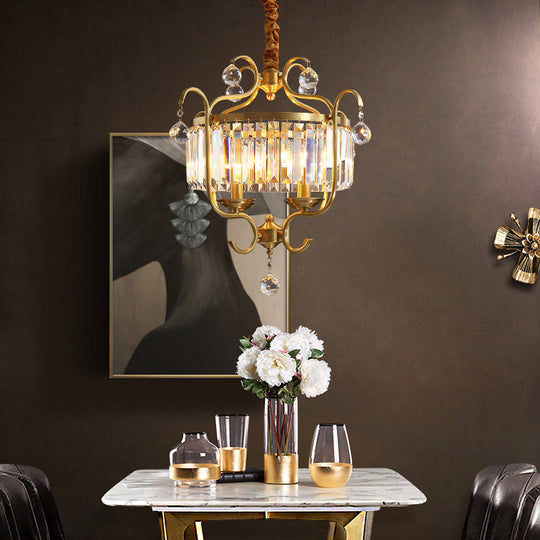 Modern Brass Lantern Chandelier With Crystal Rods - 4 Lights Hanging Light