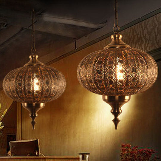 Traditional Oblate Lantern Pendant Ceiling Light - Metallic Suspension Restaurant Lighting (1-Light