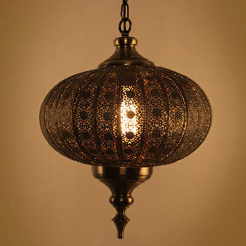 Traditional Oblate Lantern Pendant Ceiling Light - Metallic Suspension Restaurant Lighting (1-Light