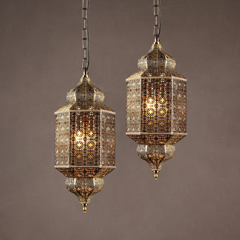 2-Head South-East Asia Cut-Out Hanging Lamp: Iron Ceiling Lighting In Bronze For Restaurants