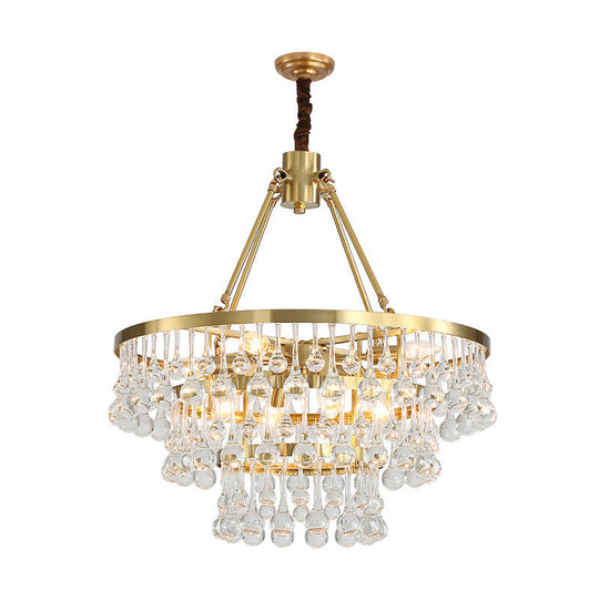 Contemporary Brass Tiered Chandelier With Led Crystal Orbs - Stylish Hanging Lamp For Living Room