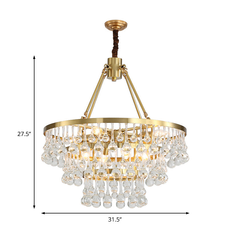 Contemporary Brass Tiered Chandelier With Led Crystal Orbs - Stylish Hanging Lamp For Living Room