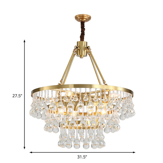 Contemporary Brass Tiered Chandelier With Led Crystal Orbs - Stylish Hanging Lamp For Living Room