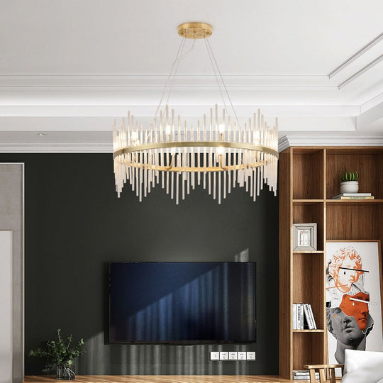 Modern Crystal Rod Chandelier Pendant Light Round Brass Hanging Kit For Living Room (6/8 Lights) 8 /