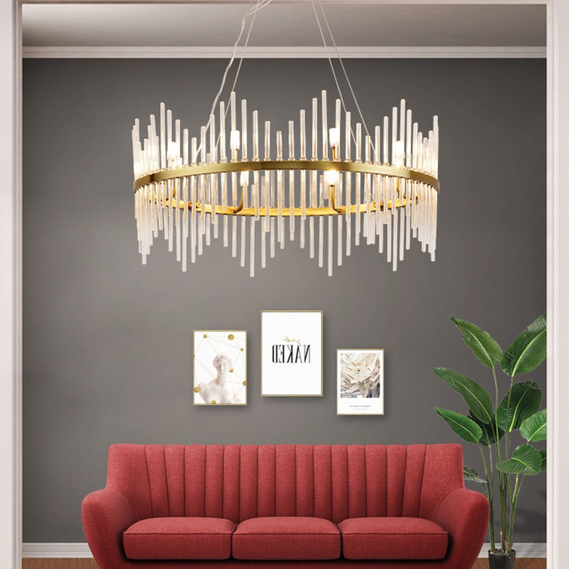 Modern Crystal Rod Chandelier Pendant Light Round Brass Hanging Kit For Living Room (6/8 Lights)