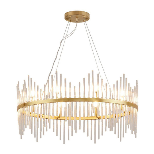 Modern Crystal Rod Chandelier Pendant Light Round Brass Hanging Kit For Living Room (6/8 Lights)