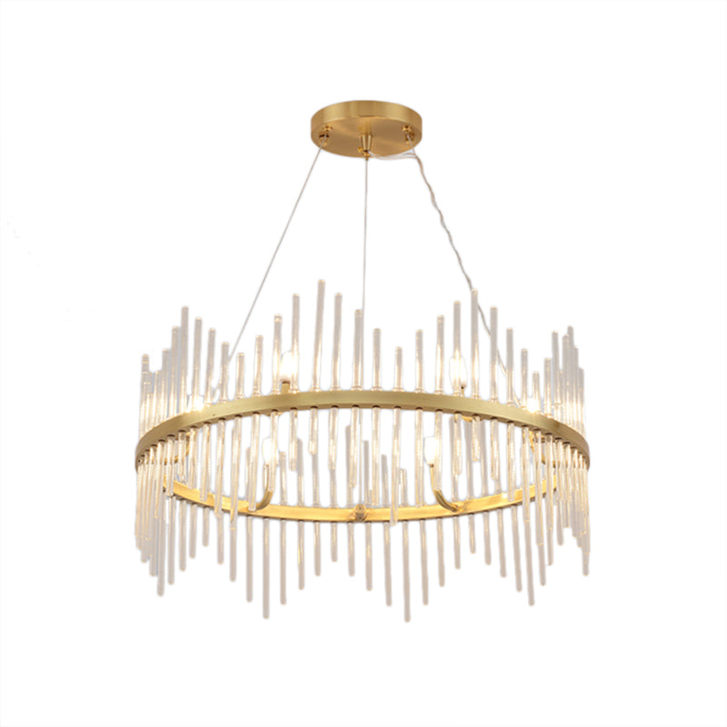 Modern Crystal Rod Chandelier Pendant Light Round Brass Hanging Kit For Living Room (6/8 Lights)