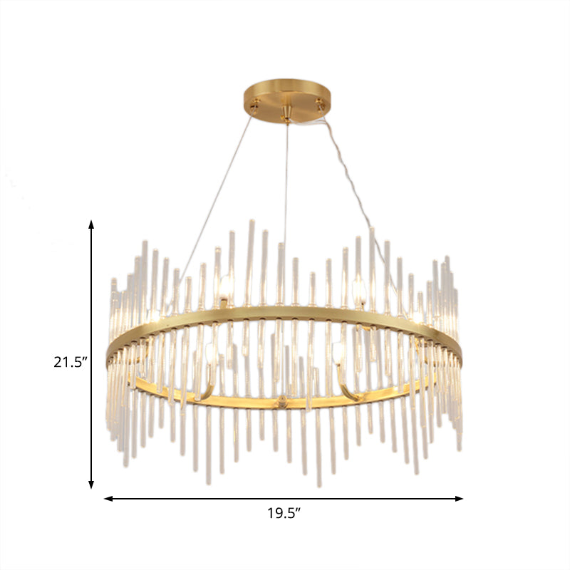 Modern Crystal Rod Chandelier Pendant Light Round Brass Hanging Kit For Living Room (6/8 Lights)