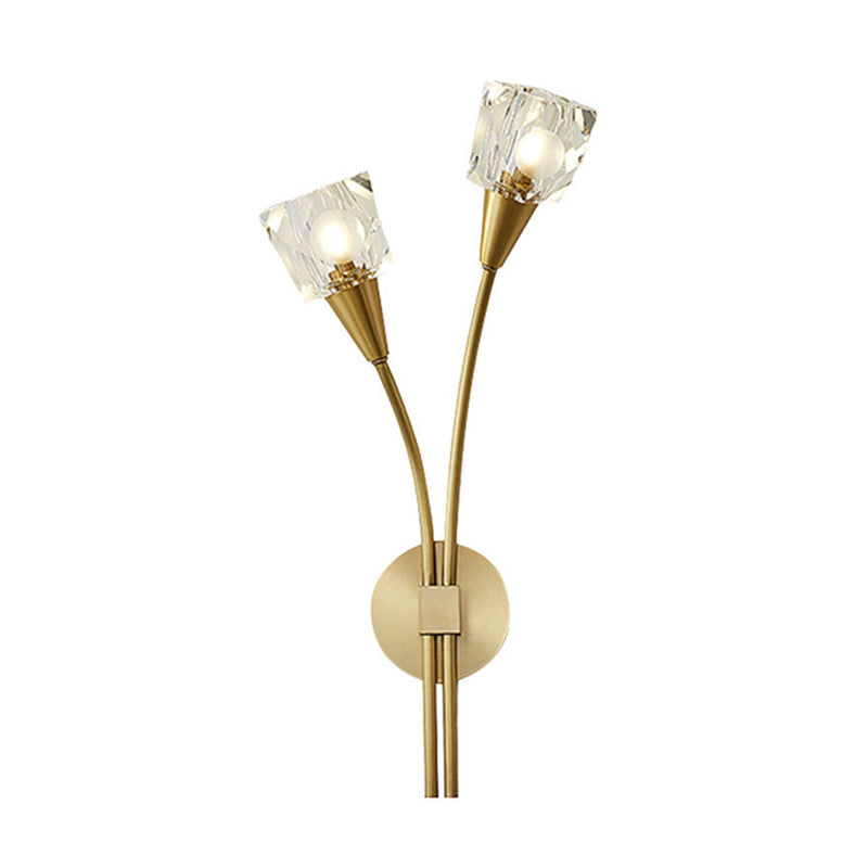 Contemporary Faceted Crystal Bud Wall Sconce Light - 2 Lights Brass Finish Bedroom