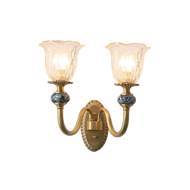 Antique Gold Wall Lamp With Clear Glass - Floral Bedroom Sconce Light Fixture