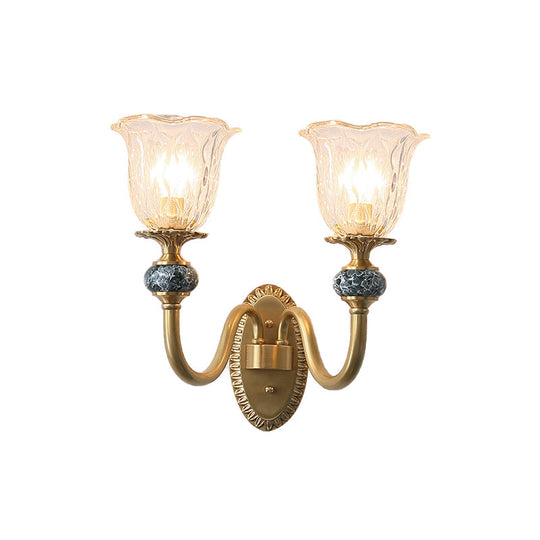 Antique Gold Wall Lamp With Clear Glass - Floral Bedroom Sconce Light Fixture