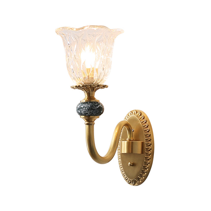 Antique Gold Wall Lamp With Clear Glass - Floral Bedroom Sconce Light Fixture