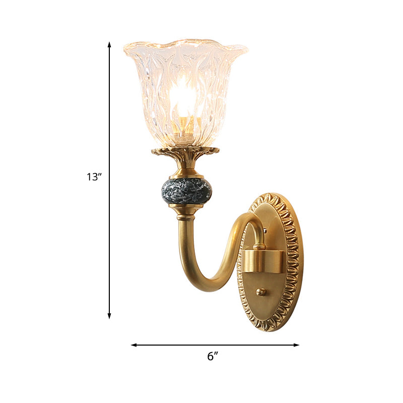 Antique Gold Wall Lamp With Clear Glass - Floral Bedroom Sconce Light Fixture