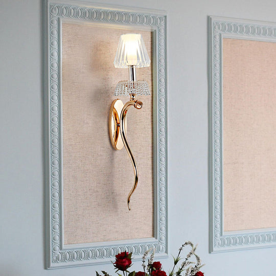 Traditional Clear Crystal Bedroom Wall Sconce Light - Gold Lamp With Curvy Metal Arm